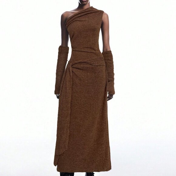 Brown Elegant Women's Asymmetrical Knitted Maxi Drape Dress - Picture 3 of 6